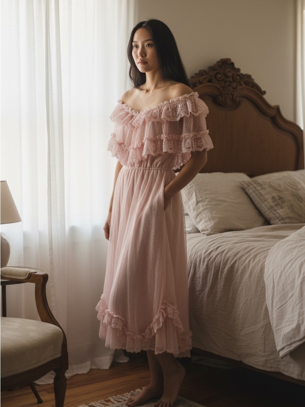 VTG Off-Shoulder Lace Tiered Maxi Dress in Blush Pink 3